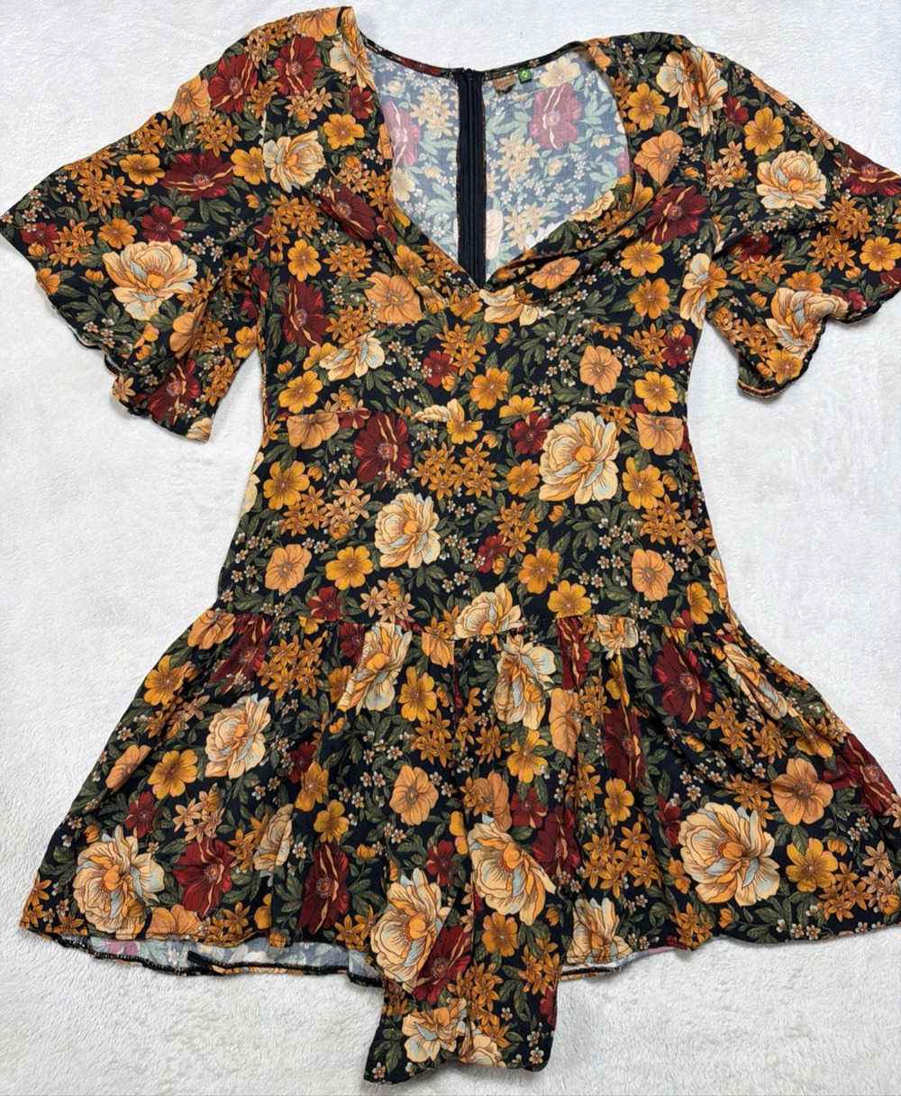 FARM Rio Orig Brazil Floral Romper Skort Flutter Sleeve Mustard Rust Boho Sz Med
